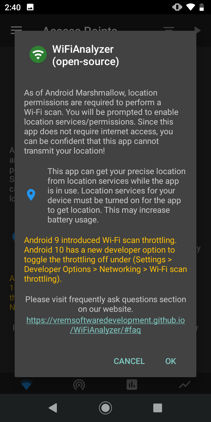 Android system popup explaining why location permissions need to be granted