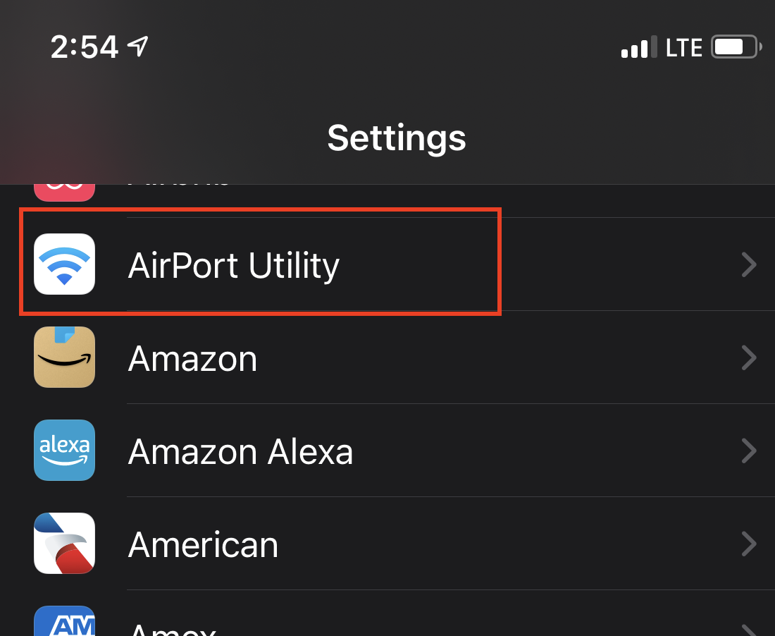 iOS settings menu with the AirPort Utility app highlighted