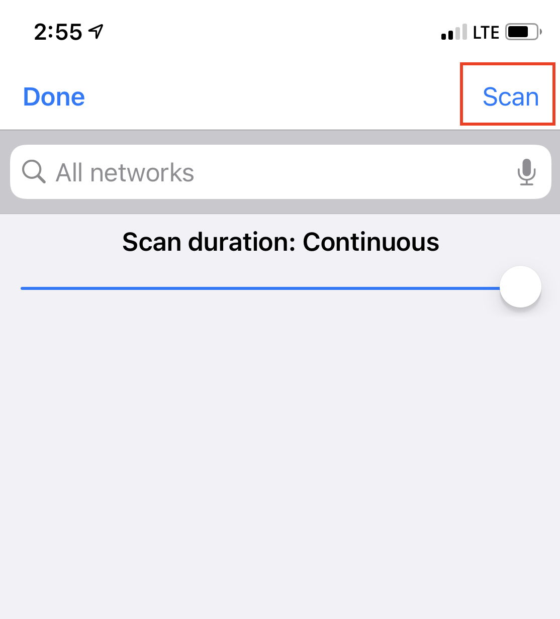 AirPort Utility Wi-Fi Scan page with the scan option highlighted