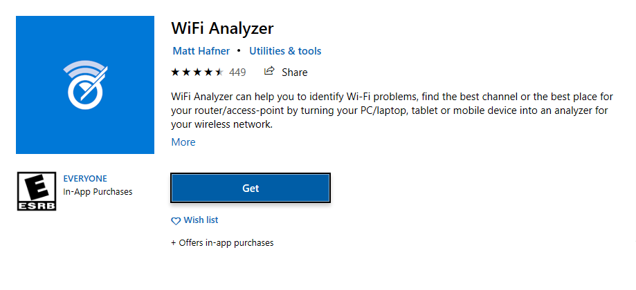 WiFi Analyzer listing in the Microsoft store app with a button to get the app