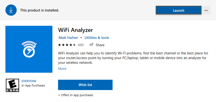 Wifi analyzer app in the Microsoft store with a launch button