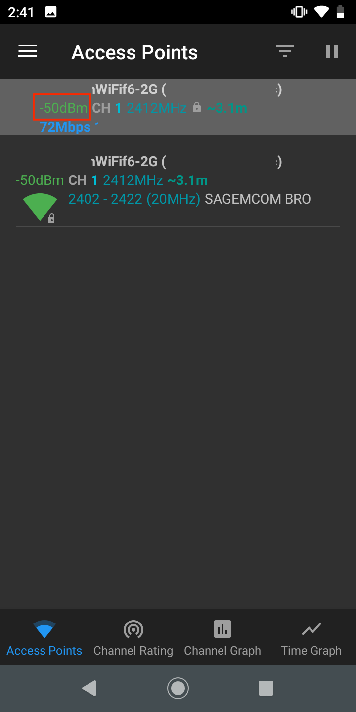 WiFI Analyzer app screenshot showing the strength of a network