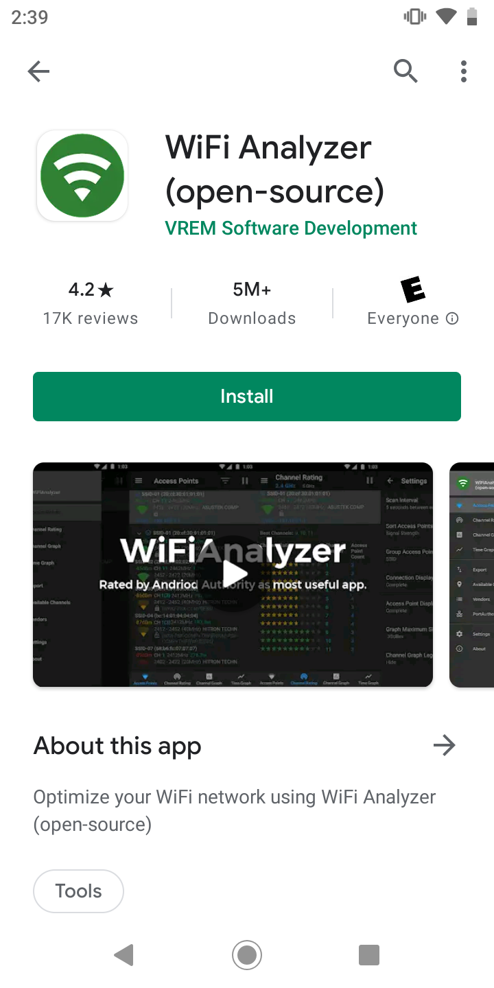 WiFi Analyzer listing in the Google Play store