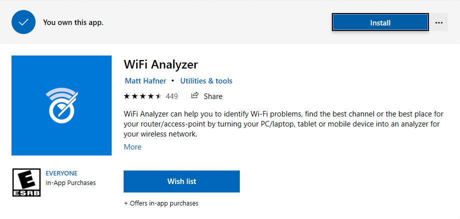 Wifi Analyzer app in the Microsoft store with an install button
