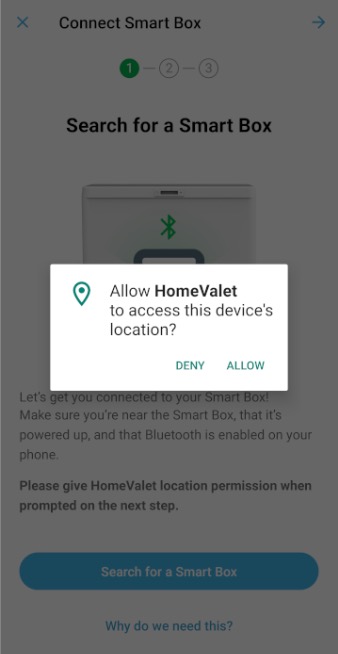 Smart Box scan screen overlayed with device location permission popup