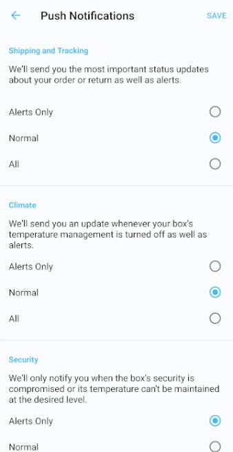 Push notification settings screen