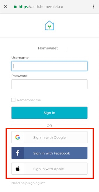 HomeValet customer app sign in screen with highlighted social sign on links