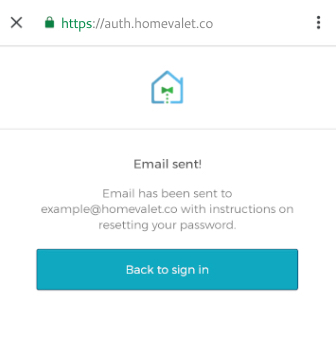 Screen confirming that a password reset email has been sent