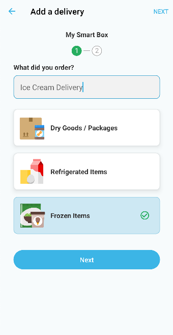Describe your delivery and choose the type of item (dry goods, refrigerated, frozen) on the Add a Delivery screen