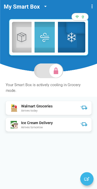 Home screen showing Smart Box in grocery mode and two active deliveries