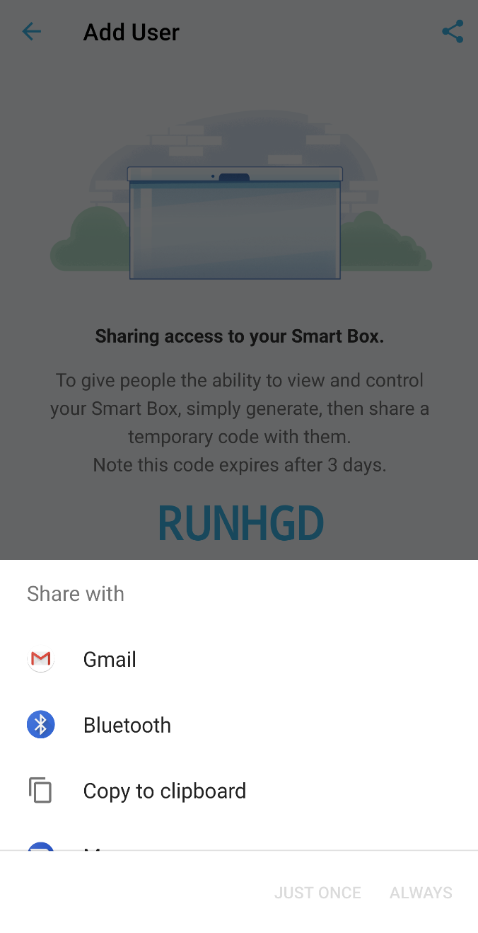 Share my code screen overlayed with a pop up to select a share method