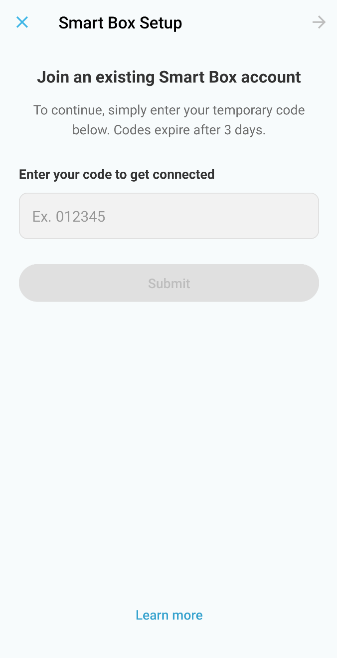 Enter a share code to join an existing Smart Box screen