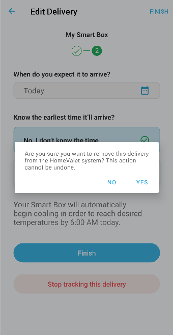 Popup confirming that the user would like to remove a delivery from the HomeValet system