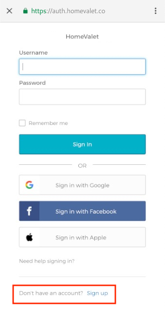 sign in page with sign up link highlighted