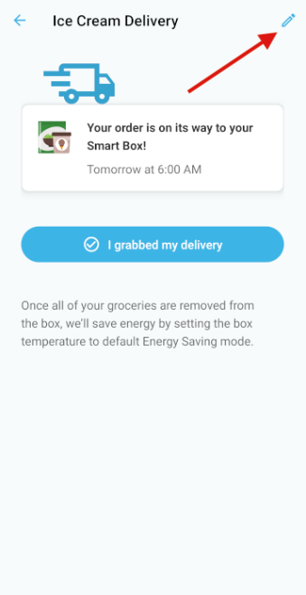 Delivery details screen with an arrow pointing to a pencil icon