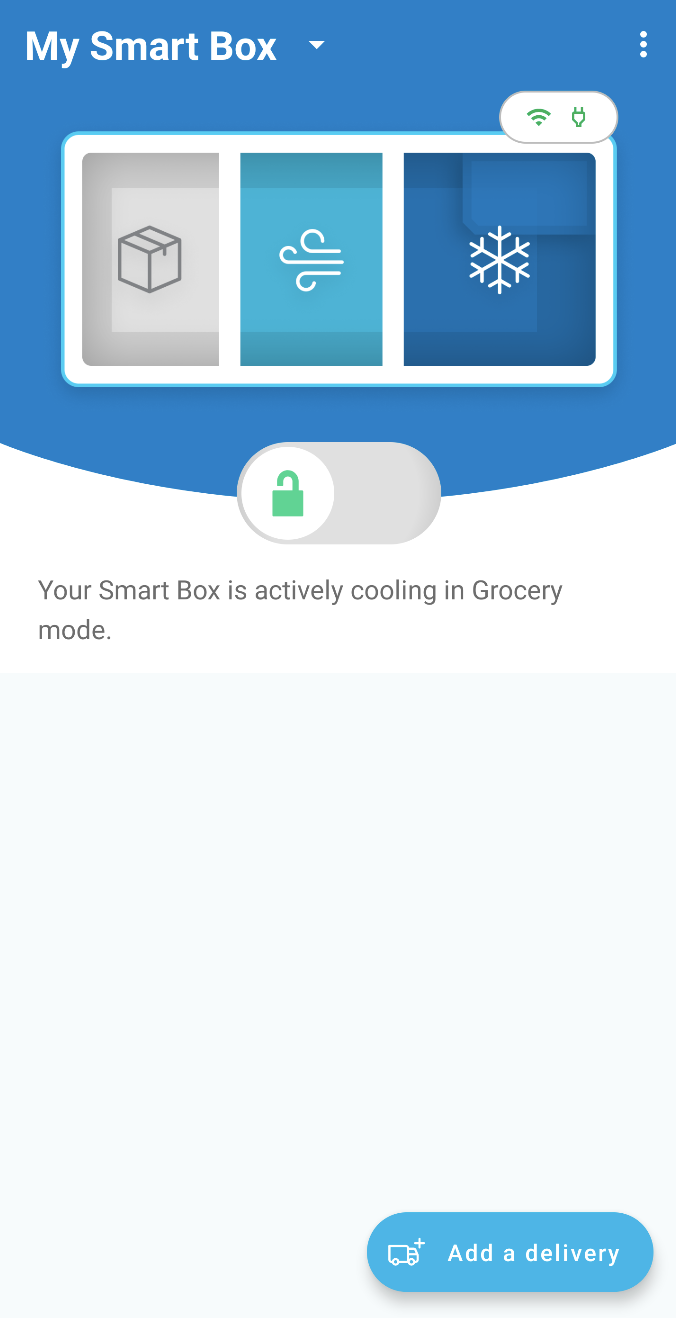 Home screen showing the Smart Box unlocked and actively cooling