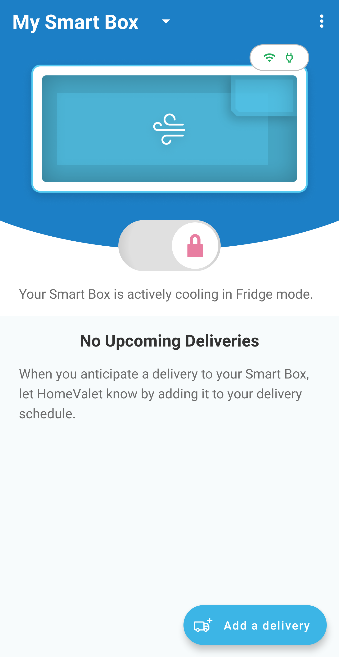 Home screen with box status showing no dividers and a refrigerated cooling mode selected
