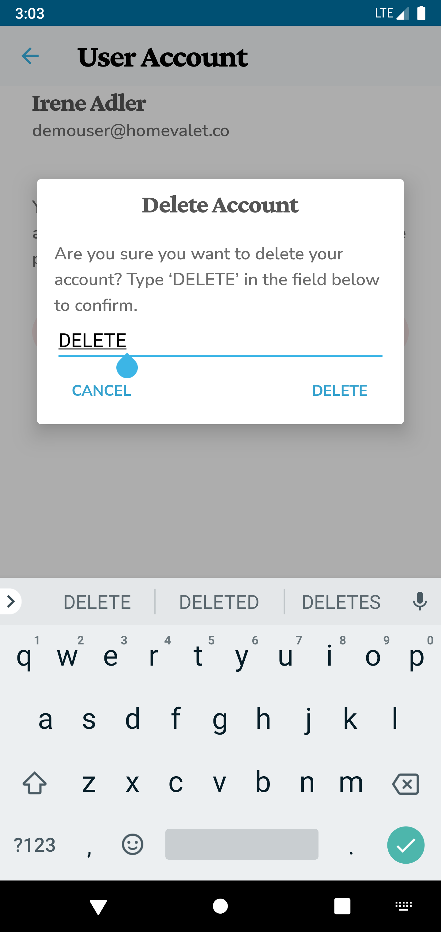 type DELETE on this popup to confirm