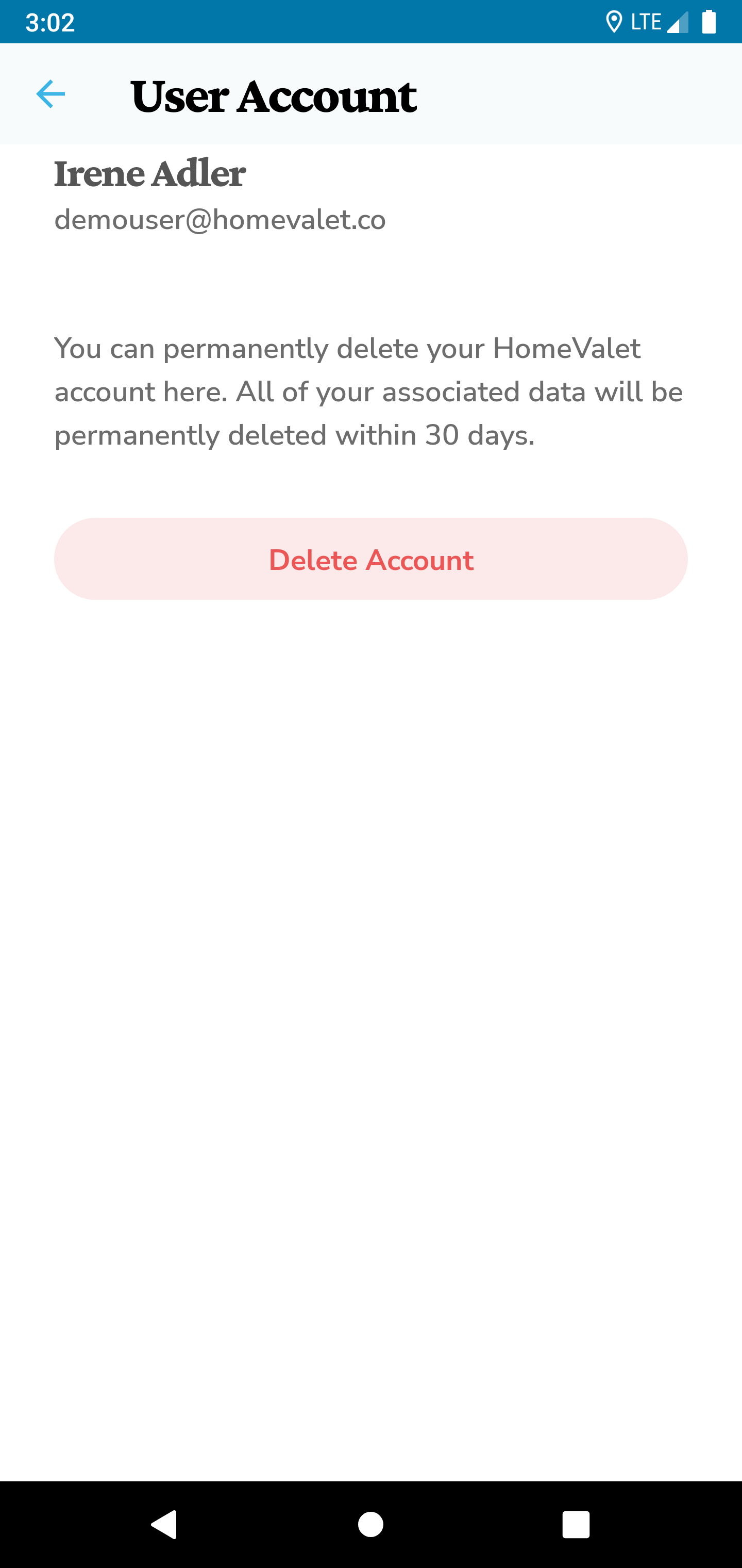 user account screen with delete account button