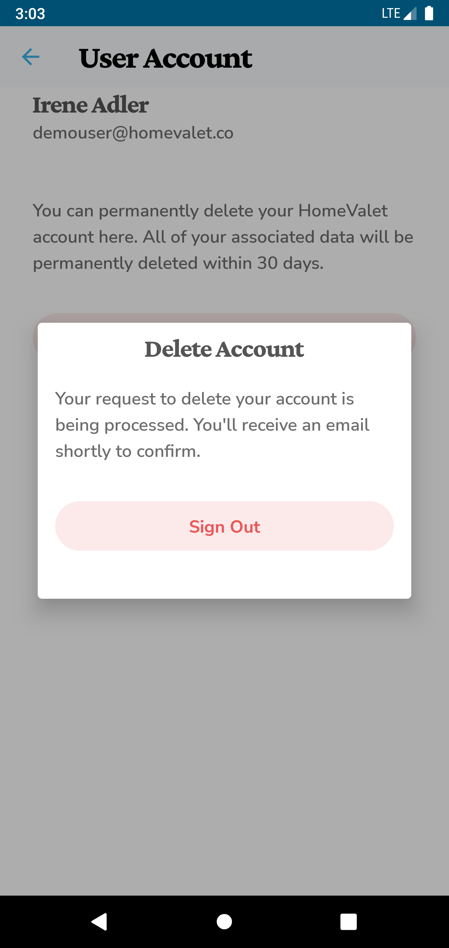 delete account request confirmation pop up with sign out button